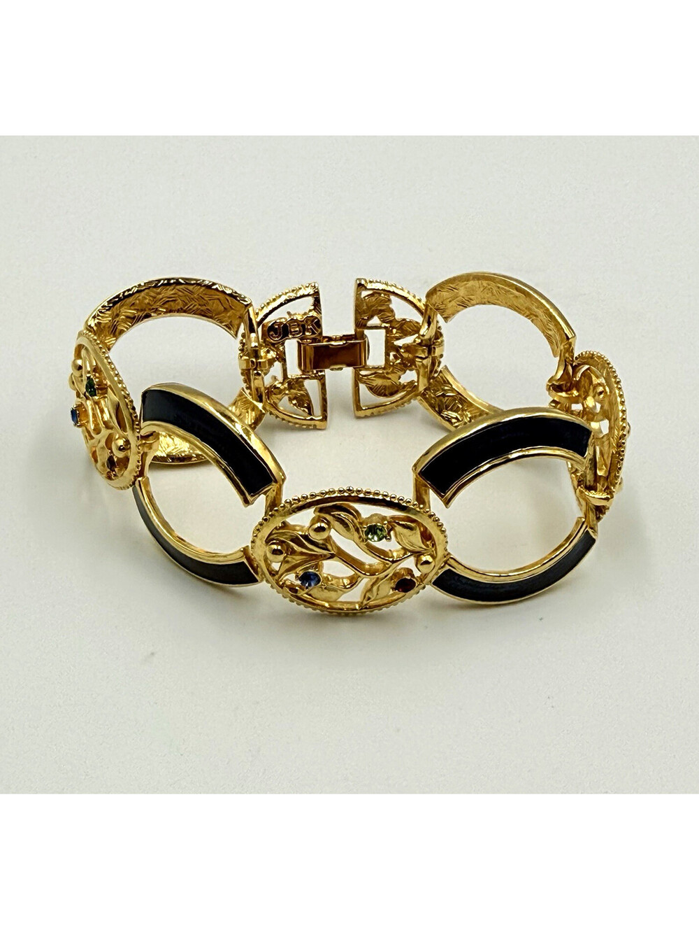 JBK Signed Gold Tone Link Bracelet Black Enamel Floral Multicolor Crystals 7in